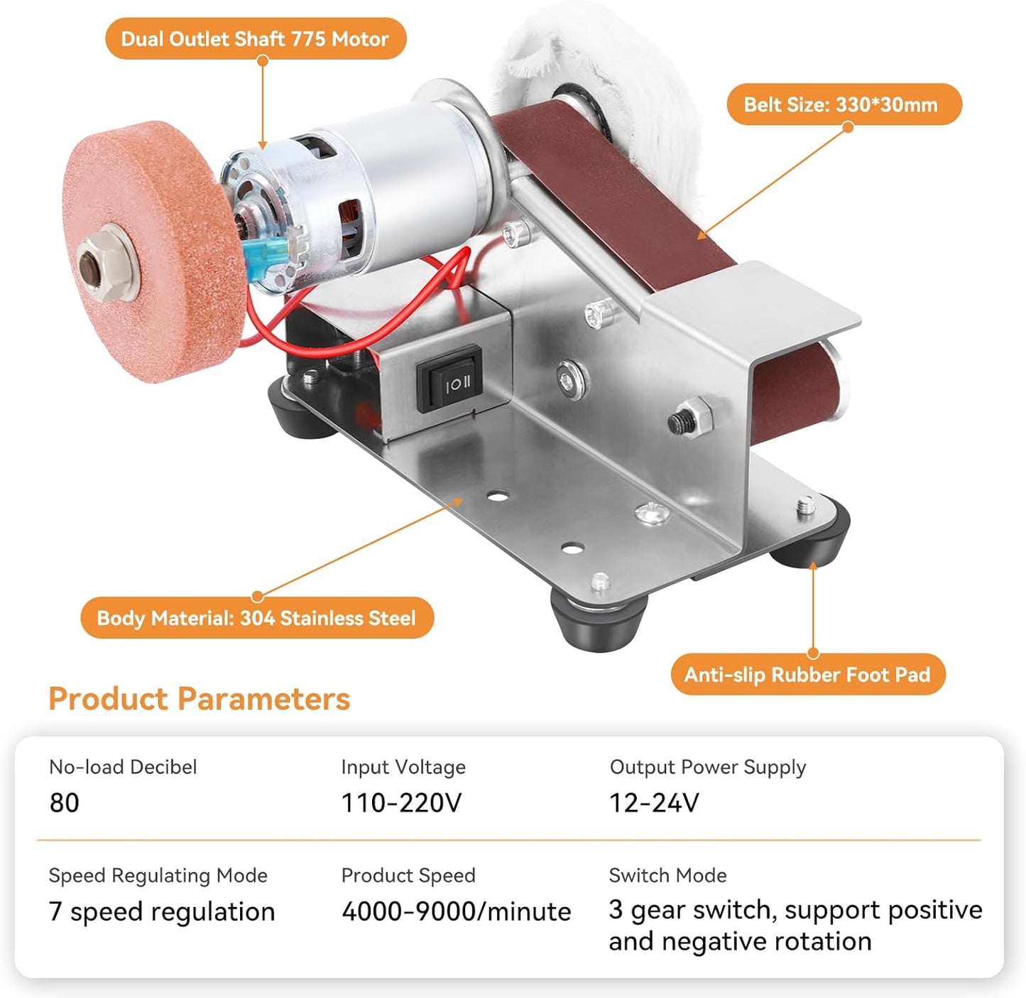 Yofuly Mini Bandschleifer, Doppelschleifer 7-Stufig Verstellbarer Polierer mit 330 * 30 mm Schleifbänder
