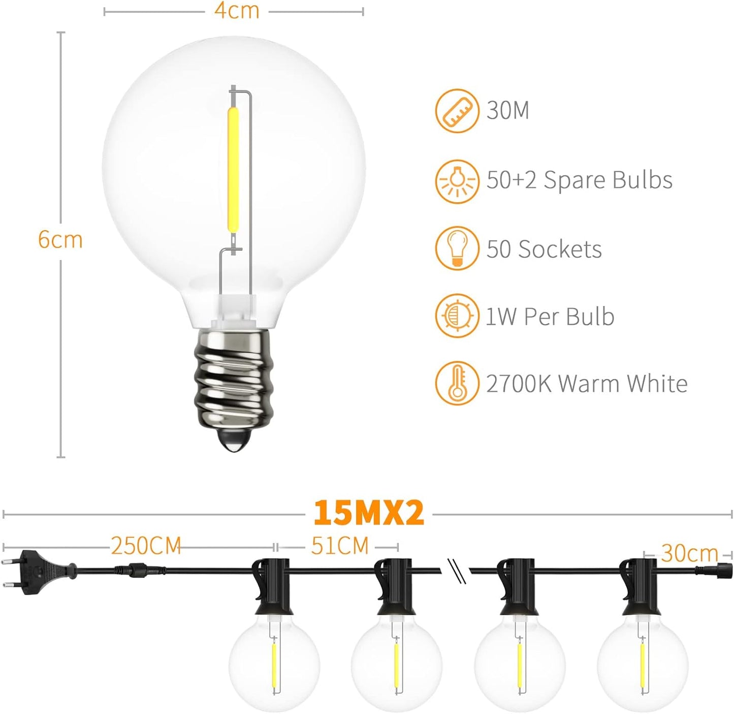 Yuucio G40 30M Lichterkette LED Außen, 30m, 50+2 G40Glühbirnen IP44 Wasserdicht