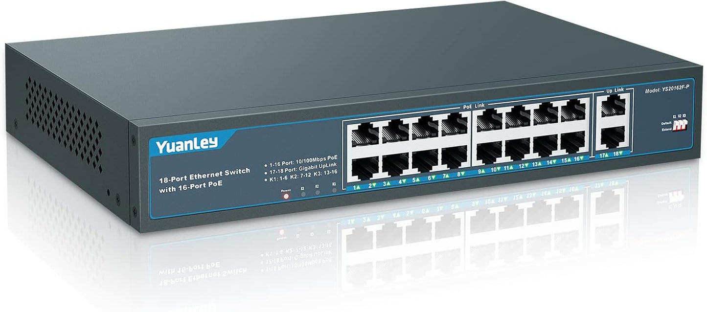 YuanLey 18 Port PoE Switch, 16 PoE+ Port 100Mbps, 2 Uplink Gigabit, 250W Integrierte Stromversorgung