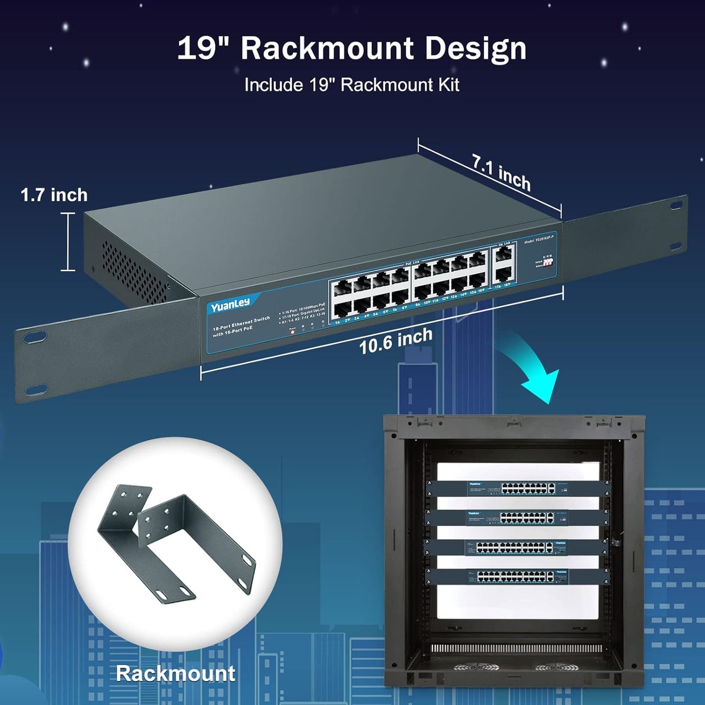 YuanLey 18 Port PoE Switch, 16 PoE+ Port 100Mbps, 2 Uplink Gigabit, 250W Integrierte Stromversorgung