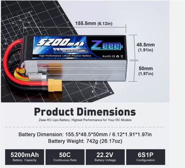 Zeee 6S 22,2V Lipo Batterie 5200mAh XT90 50C für RC Hubschrauber Flugzeug LKW