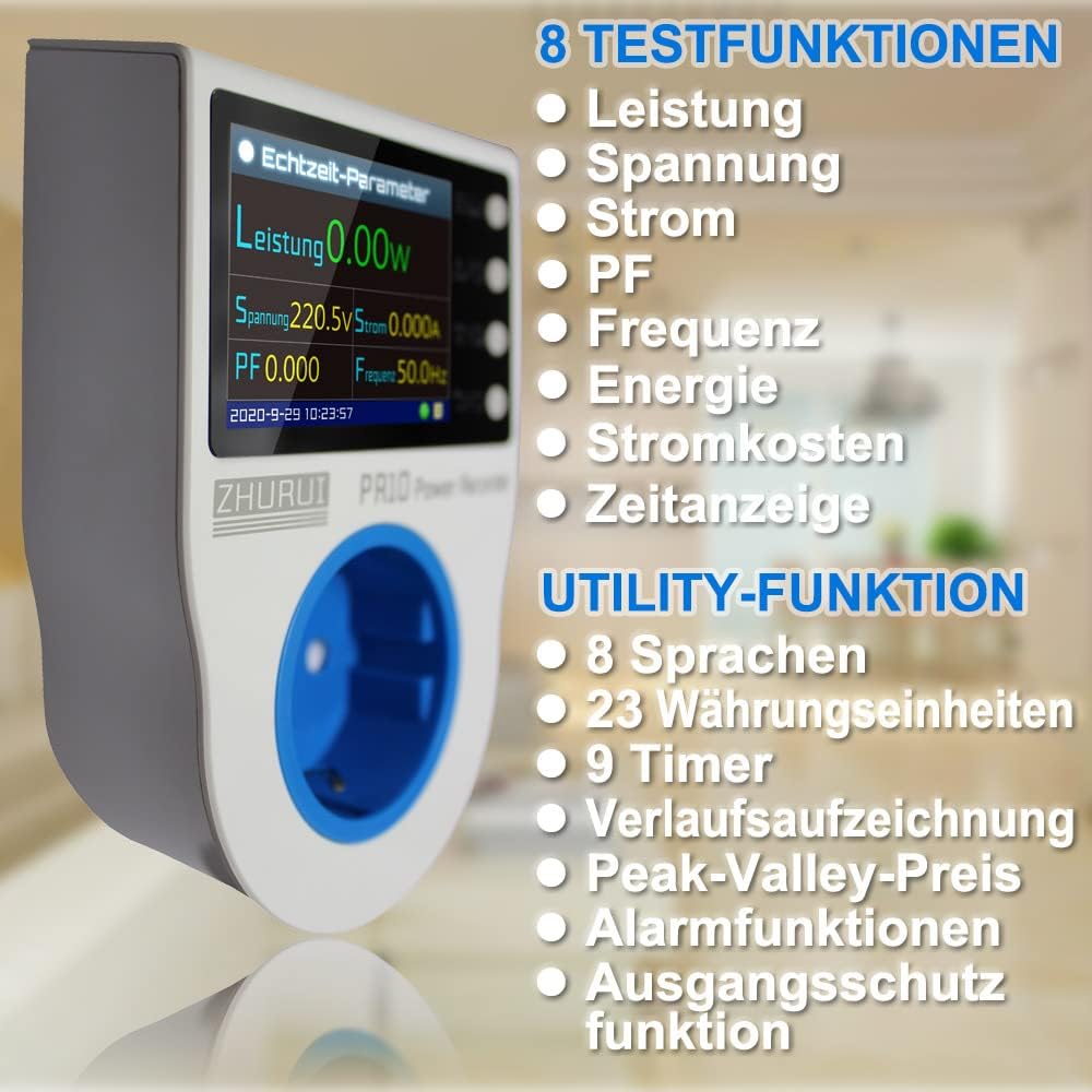 ZHURUI PR10-C EU16A (Deutsch-Stecker) Heimstrommesskasten, Stromkasten, Heimenergiezähler/Stromrekorder/Stromzähler/23 Watt