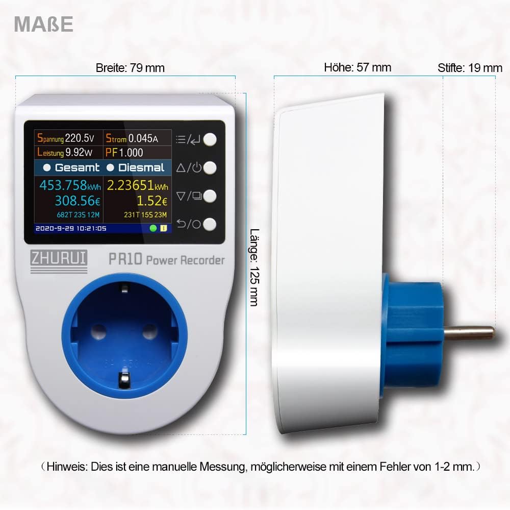 ZHURUI PR10-C EU16A (Deutsch-Stecker) Heimstrommesskasten, Stromkasten, Heimenergiezähler/Stromrekorder/Stromzähler/23 Watt