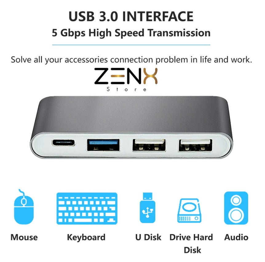 ZenXstore USB C Hub 4 in 1 - USB-Splitter - USB C Dock - USB 3.0 - 4K UHD HDMI - Apple / Chromebook / HP / Asus / Lenovo - Ethernet