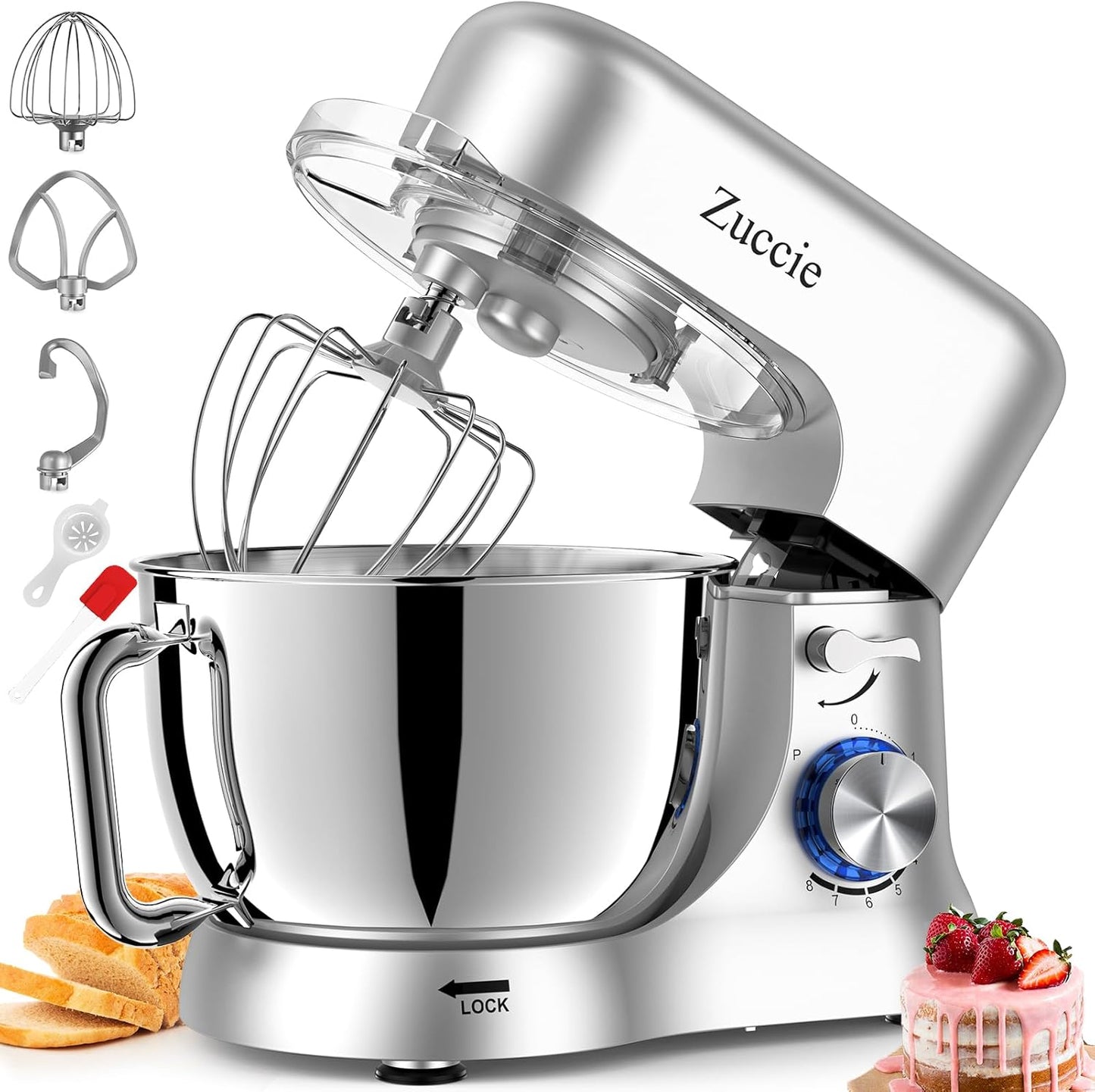 Zuccie Küchenmaschine 1000W, Knetmaschine Leise Rührmaschine inkl 5L Silber