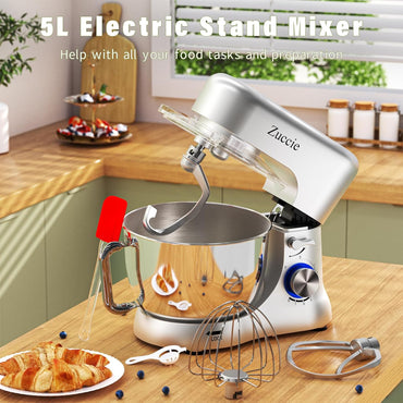 Zuccie Küchenmaschine 1000W, Knetmaschine Leise Rührmaschine inkl 5L Silber