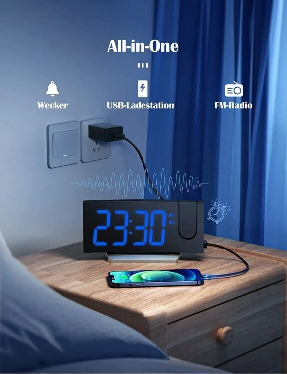 Radiowecker,Digital Wecker mit Projektion 180°,Projektionswecker mit USB