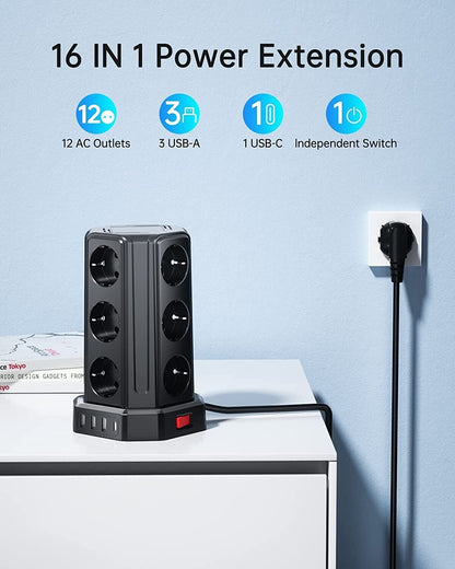 Steckdosenleiste mit Schalter, Sameriver 12 Fach Mehrfachsteckdose mit 3 USB A+1 USB C, Steckdosenleiste Steckerleiste mit 5M Verlängerungskabel