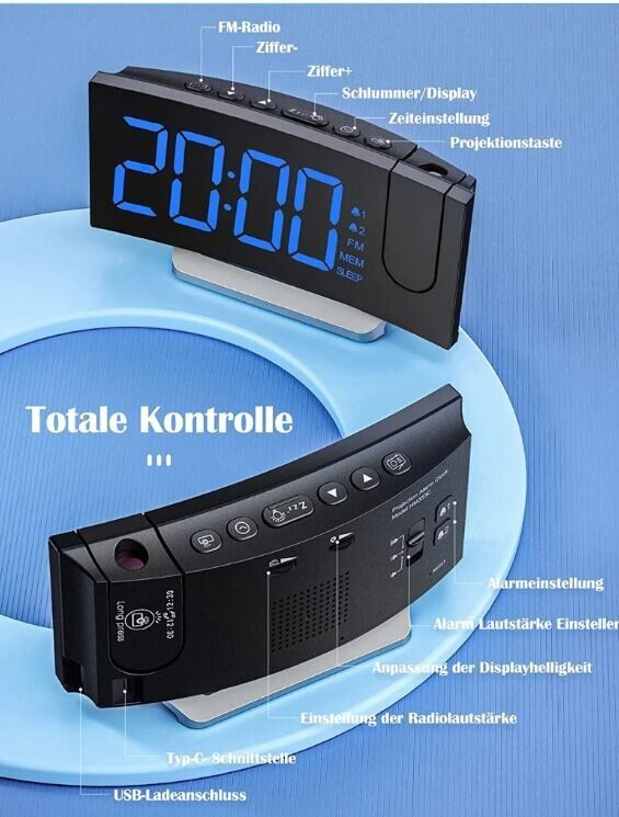 Radiowecker,Digital Wecker mit Projektion 180°,Projektionswecker mit USB