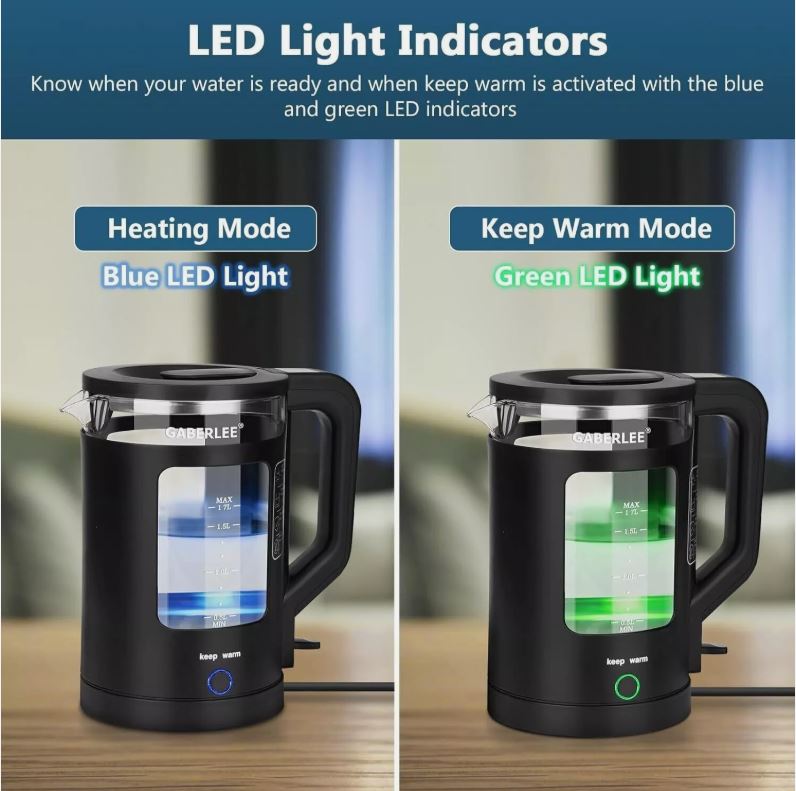 GABERLEE Wasserkocher, 1,7 l Fassungsvermögen, 1500 W, schnell kochend, leises Glas, blaues Licht