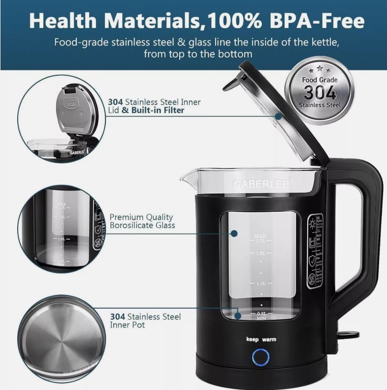 GABERLEE Wasserkocher, 1,7 l Fassungsvermögen, 1500 W, schnell kochend, leises Glas, blaues Licht