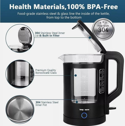 GABERLEE Wasserkocher, 1,7 l Fassungsvermögen, 1500 W, schnell kochend, leises Glas, blaues Licht