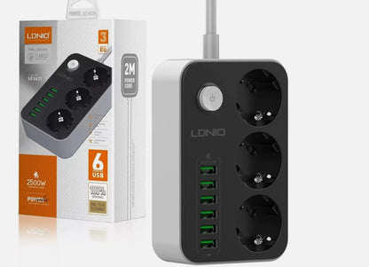 LDNIO SE3631 Steckdosenleiste mit 3 AC-Anschlüssen 6x USB 1 6m Schwarz-Weiß