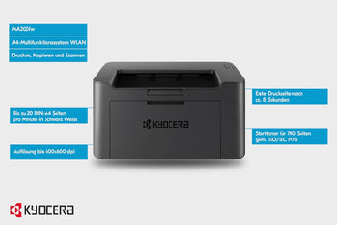 Imprimante laser multifonction Kyocera MA2001w WLan 3-en-1 Utilisé : Drucker Scanner Kopierer. 20 pages A4 par minute. USB 2.0, 1 200 ppp, fonction de numérisation non compatible avec Apple IOS