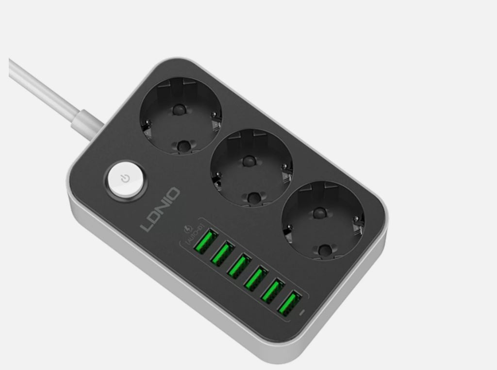 LDNIO SE3631 Steckdosenleiste mit 3 AC-Anschlüssen 6x USB 1 6m Schwarz-Weiß