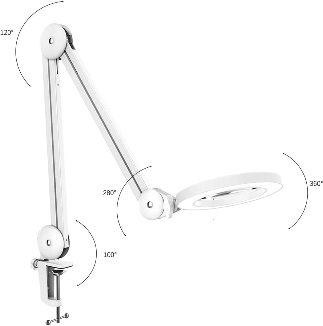 Soltiik Lupenlampe – Lupe mit 5 Dioptrien Licht – mit Klemme, Schwenkarm, dimmbar, 3 Farbmodi, 105 mm Glaslinse – Licht zum Lesen