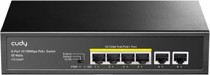 Cudy Poe+ Switch 6 Ports 10/100Mbps, 60W, 4 Poe/Poe+, Switch Unmanaged, CCTV-Modus, VLAN, Keine zusätzliche Stromversorgung, FS1006P