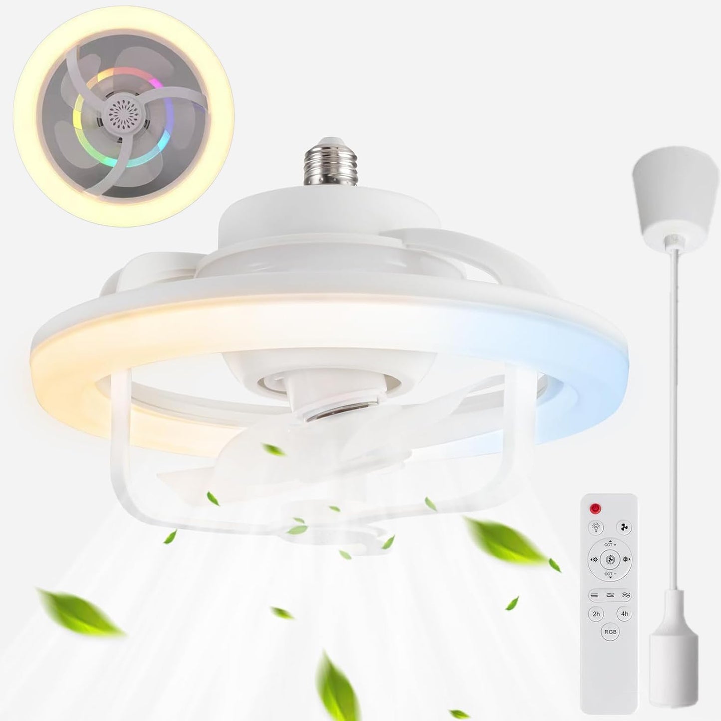 Leiser Deckenventilator mit Beleuchtung und Fernbedienung, E27-Sockelventilator, Moderne LED-Deckenleuchte, 180°-Drehung mit RGB-Modus, Licht, 3 Geschwindigkeiten, Ventilator für Wohnzimmer, Schlafzimmer [Energieklasse D]