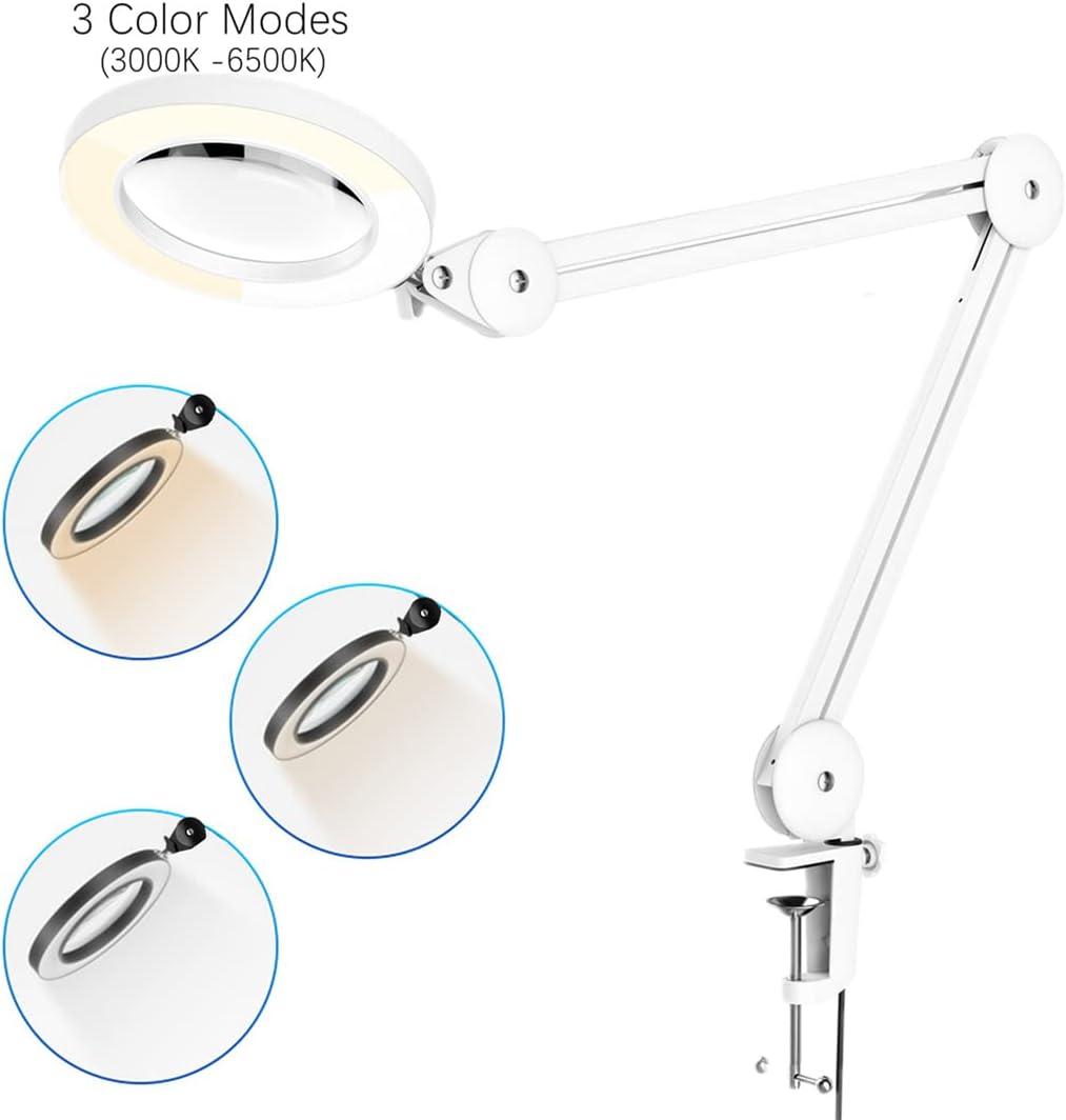 Soltiik Lupenlampe – Lupe mit 5 Dioptrien Licht – mit Klemme, Schwenkarm, dimmbar, 3 Farbmodi, 105 mm Glaslinse – Licht zum Lesen