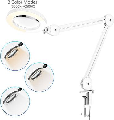Soltiik Lupenlampe – Lupe mit 5 Dioptrien Licht – mit Klemme, Schwenkarm, dimmbar, 3 Farbmodi, 105 mm Glaslinse – Licht zum Lesen