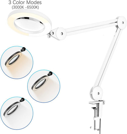 Soltiik Lupenlampe – Lupe mit 5 Dioptrien Licht – mit Klemme, Schwenkarm, dimmbar, 3 Farbmodi, 105 mm Glaslinse – Licht zum Lesen