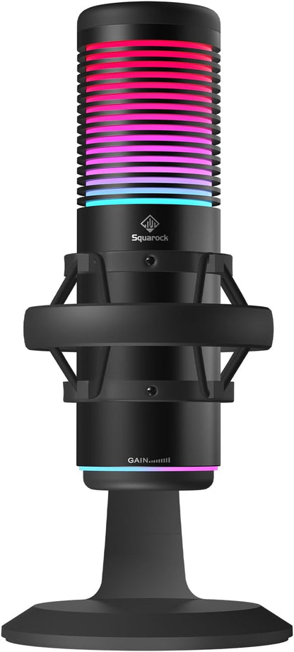 Squarock Gaming-USB-Mikrofon, Kondensatormikrofon mit 8 RGB-Leuchten, Schnellstummschaltung, Rauschunterdrückung, Streaming-Mikrofonmustersteuerung, Verstärkungsregelung, Desktop-Ständer für Podcast-Studioaufnahmen, YouTube