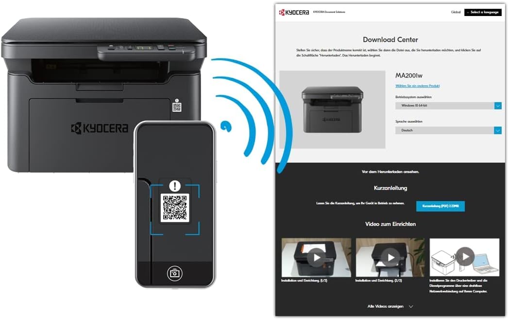 Imprimante laser multifonction Kyocera MA2001w WLan 3-en-1 Utilisé : Drucker Scanner Kopierer. 20 pages A4 par minute. USB 2.0, 1 200 ppp, fonction de numérisation non compatible avec Apple IOS