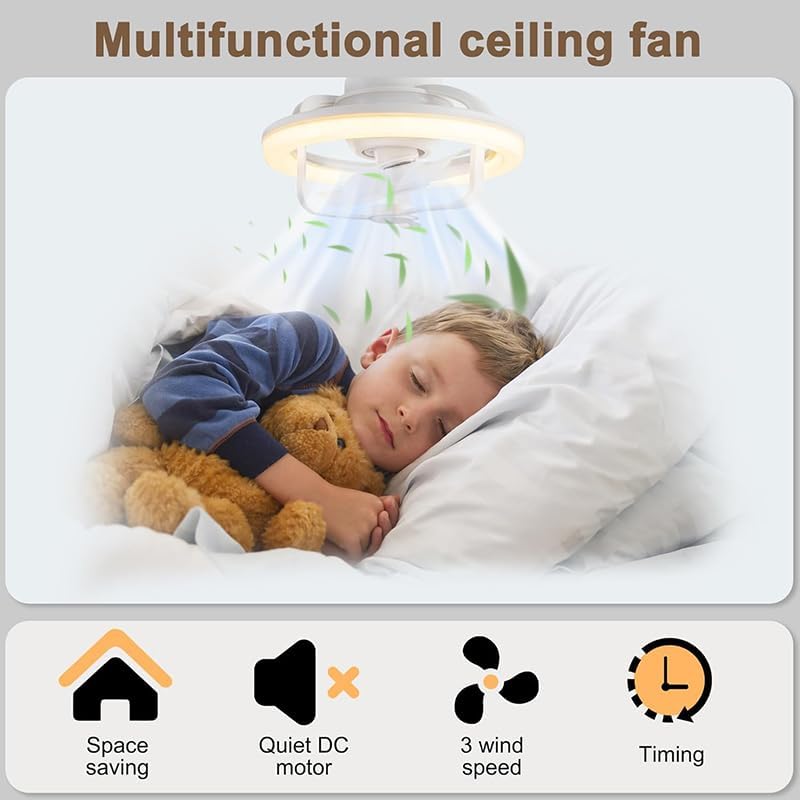 Leiser Deckenventilator mit Beleuchtung und Fernbedienung, E27-Sockelventilator, Moderne LED-Deckenleuchte, 180°-Drehung mit RGB-Modus, Licht, 3 Geschwindigkeiten, Ventilator für Wohnzimmer, Schlafzimmer [Energieklasse D]