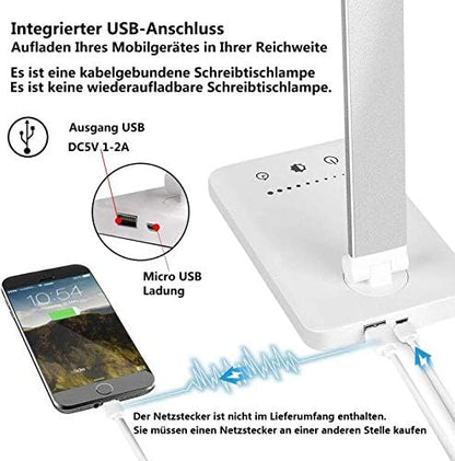 SLATOR Schreibtischlampe LED Dimmbare Tischleuchte 5 Farb und 10 Helligkeitsstufen Nachttischlampe USB-Anschluss für Aufladung des Smartphones Leselicht für Leser, Kinder, QM019, Aluminium, Silver