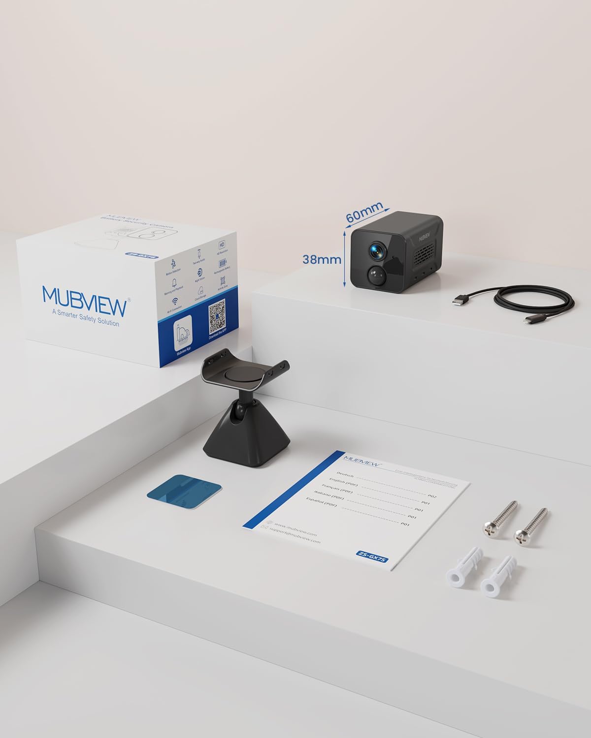MUBVIEW Mini-Kamera, 1080P kabellose WLAN-Überwachungskamera für den Innenbereich, batteriebetriebene Innenkamera, PIR-Bewegungserkennung, Nachtsicht, Zwei-Wege-Audio, SD-/Cloud-Speicher (WLAN 2,4 GHz)