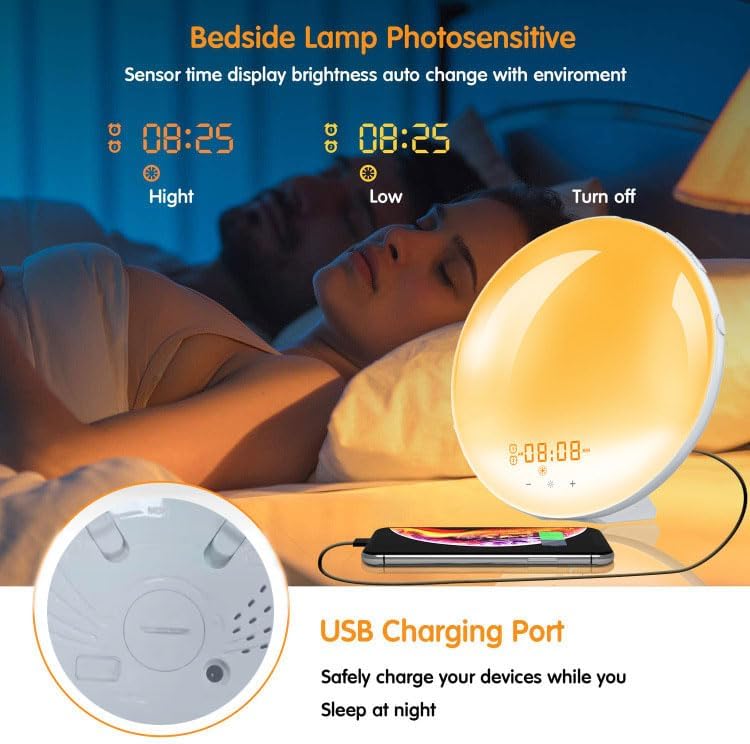 Wecker, Lichtwecker mit Sonnenaufgang/Sonnenuntergang Simulation, Tageslichtwecker mit Snooze-Funktion and Dual Alarme, Sonnenuntergang lampe mit 10 Natürliche Klänge, 7 Farben Atmosphäre Lampe [Energieklasse G]