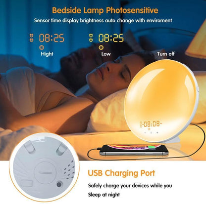 Wecker, Lichtwecker mit Sonnenaufgang/Sonnenuntergang Simulation, Tageslichtwecker mit Snooze-Funktion and Dual Alarme, Sonnenuntergang lampe mit 10 Natürliche Klänge, 7 Farben Atmosphäre Lampe [Energieklasse G]