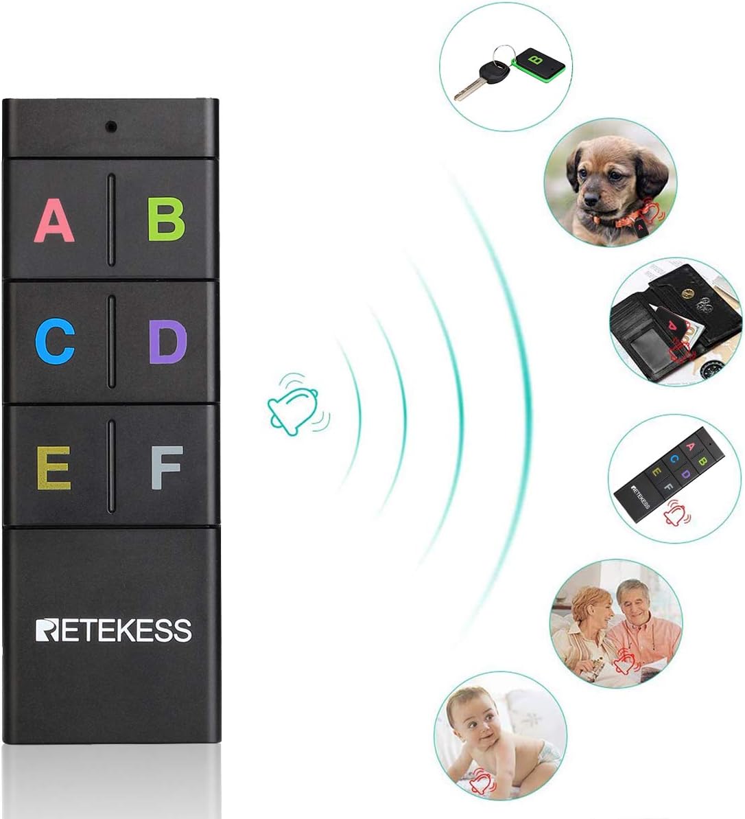 Retekess TH104 Schlüsselfinder, Cable Loser Objektfinder, 85 dB Beepton, unterstützt Fernbedienung, 131 Fuß Arbeitsbereich, 6 Empfänger für Haustier, Geldbörse, Schlüsselverfolgung