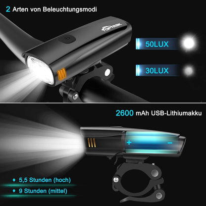 toptrek Fahrradlicht Set Akku Kapazität Bis Zu 2600mAh LED Fahrradbeleuchtung Laufzeit Bis Zu 9 Stunden Fahrradlampe, IPX5 Wasserdicht Fahrrad licht mit Nahfeldbeleuchtung