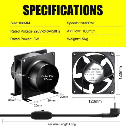 FanGoFast 100mm Axial-Rohrventilator, 180m³/h Axialventilator Abluftventilator Rohrventilator mit Zwei Klemmen und 2m Schlauch für Grow Tent, Garage, Werkzeugraum, Büro