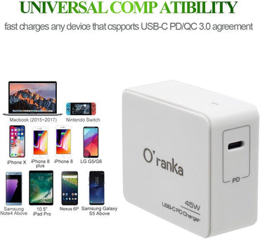 Oranka 45 W Typ-C PD Ladegerät Netzteil Adapterkabel für MacBook Pro 13 Zoll Nintendo Switch Chromebook Pixel HP/DELL/Lenovo Laptop Huawei Mate Book Samsung Notebook Moto Z iPhone X /8/8 Plus (45 W-weiß)