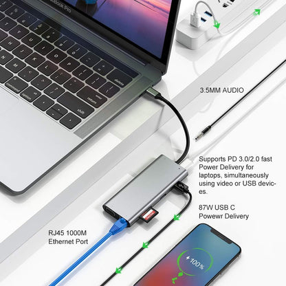 USB-C-Hub, 11-in-1-Typ-C-Hub-Adapter mit 4K HDTV, 1080P VGA, RJ45-Gigabit-Ethernet, USB-C-Stromversorgung, USB 3.0/2.0, SD/TF-Kartenleser, 3,5-mm-Audio-Jacke, kompatibel mit MacBook Pro und mehr