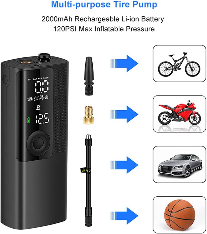 Bezior Elektro Fahrradpumpe Luftpumpe mit 2000mAh Akku, Verlängerungsrohr Luftpumpe Fahrrad, Kleine Fahrradluftpumpe Leichte Handpumpe MAX 120PSI für Roadbike Mountainbike