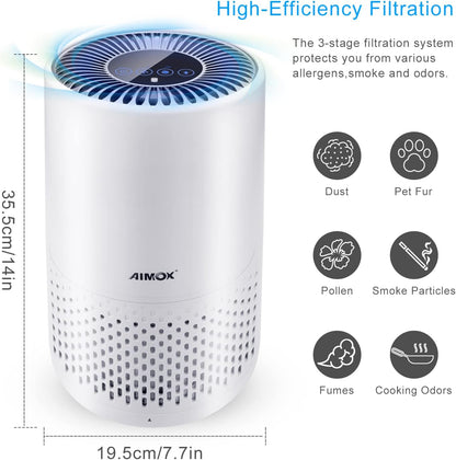 Intelligenter Luftreiniger zum Reinigen und Säubern, Aimox mit Luftqualitätssensor, Luftfilter, 3 Funktionen, Timer, Nachtlicht, CADR 136 m³/h, HEPA-Filter, Funktionen mit APP-Unterstützung, Alexa und Google
