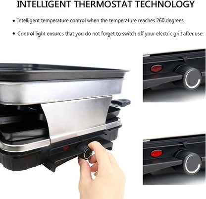 Raclettegrill 8 Personen Grillplatte Antihaftbeschichtet, Raclette mit 8 Mini-Raclettepfännchen &amp; 4 Holzspatel, Stufenlos regelbare Temperatur, 1500 W, Edelstahl