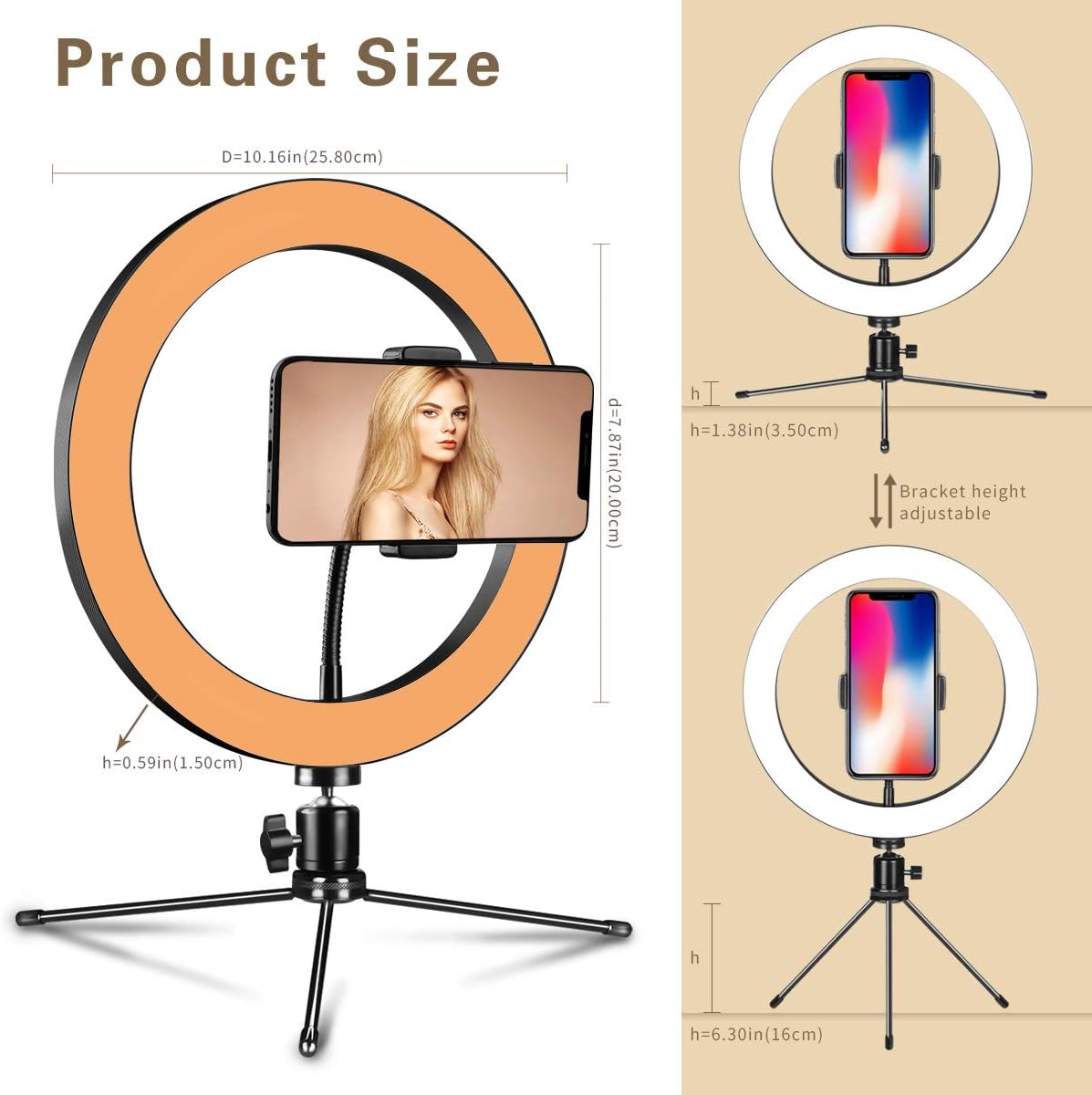 Ringlicht 10" mit Stativständer und Telefonhalter für YouTube-Video und Streaming, Schreibtisch-Make-up, LED-Ringlicht dimmbar für Fotobeleuchtung, Selfie mit 3 Lichtmodi und 10 Helligkeitsstufen (10")
