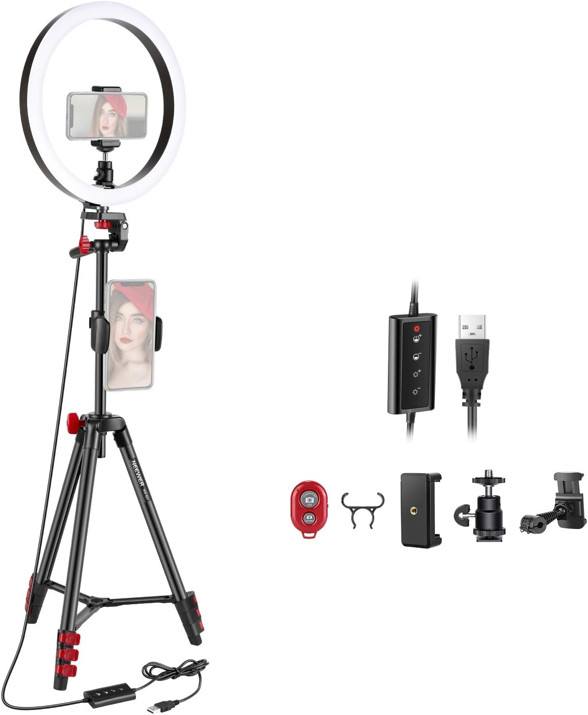 Neewer Anneau Lumineux LED 25,4 cm, Anneau Lumineux Selfie avec Support Statique, 3 Modes d'Éclairage, Anneau Lumineux à Intensité Variable avec Support Statique de 137,2 cm et Support Téléphone pour Streaming en Direct, Maquillage, Blog Vidéo YouTube