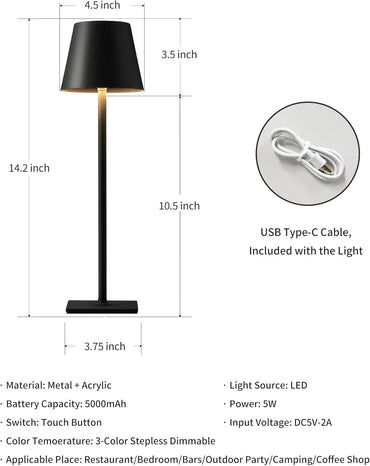 Aipsun 2 Stück schnurlose Tischlampe, tragbare LED-Schreibtischlampe, 5000 mAh batteriebetrieben, stufenloses Dimmen, für Restaurant/Schlafzimmer/Bars/Outdoor-Party/Camping/Café-Nachtlicht (schwarz)