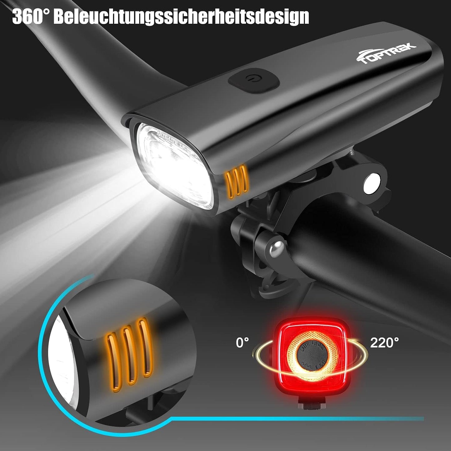 toptrek Fahrradlicht Set Akku Kapazität Bis Zu 2600mAh LED Fahrradbeleuchtung Laufzeit Bis Zu 9 Stunden Fahrradlampe, IPX5 Wasserdicht Fahrrad licht mit Nahfeldbeleuchtung