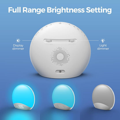 REACHER Sound Machine Sonnenaufgangswecker mit Nachtlicht, 26 von der Natur inspirierte Schlafgeräusche, 0-100% dimmbare Uhr, Sonnenaufgangslampe, Aufwachlicht, Braun/Rosa/Weiß Geräuschmaschine für