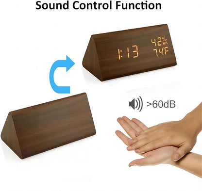 Fibisonic Digitaler Wecker aus Holz, 12/24-Stunden-Temperatur- und Luftfeuchtigkeitsanzeige, Tonaktivierung, 3 Helligkeitsstufen, batteriesbetrieben, Bürouhren für Zuhause andd