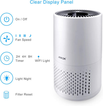 Intelligenter Luftreiniger zum Reinigen und Säubern, Aimox mit Luftqualitätssensor, Luftfilter, 3 Funktionen, Timer, Nachtlicht, CADR 136 m³/h, HEPA-Filter, Funktionen mit APP-Unterstützung, Alexa und Google