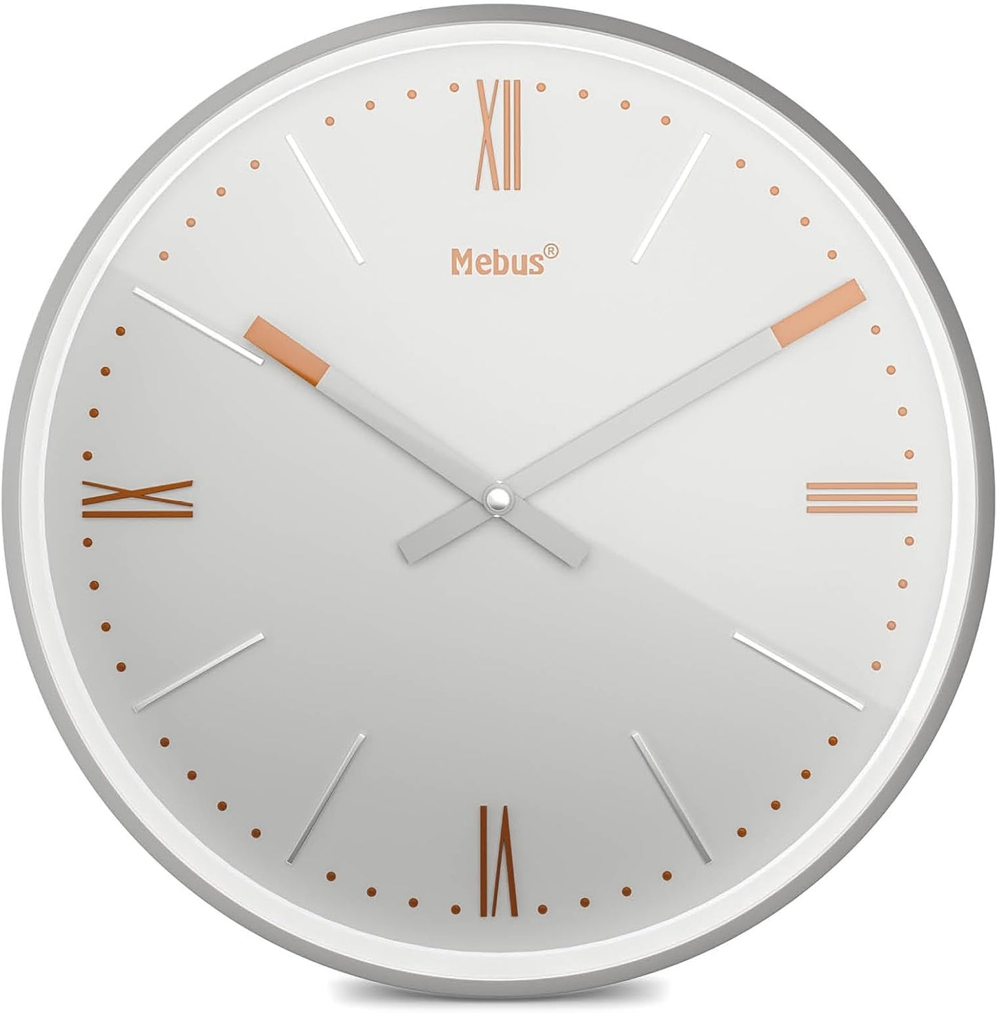 Mebus Wanduhr TinyTime mit römischen Ziffern | Wanduhr ohne Tickgeräusche | Durchmesser 25 cm | klassisches Zifferblatt in Hellgrau | Silbernes Gehäuse | Kupferfarbene Akzente, 19779