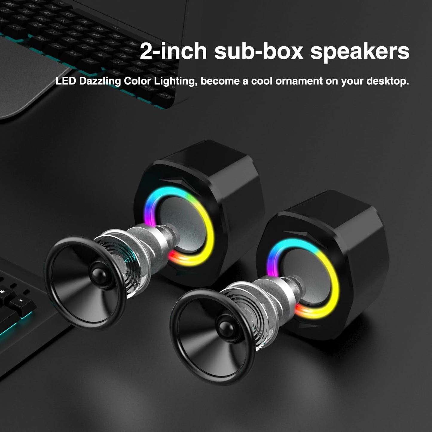 Elimavi Computer-Lautsprecher 2.1 kabelgebundener Desktop-Lautsprecher mit RGB-Satelliten und Subwoofer