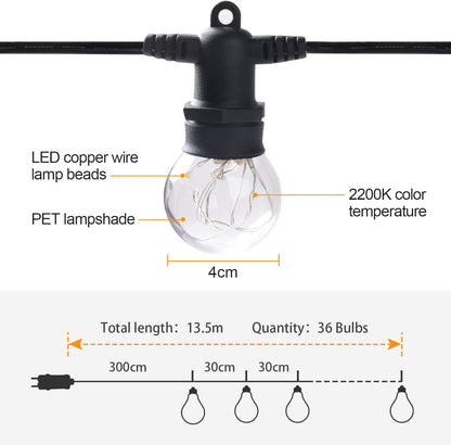 MYCARBON LED Lichterkette Auen 13,5M IP67 36er Birnen wasserdicht Lichterkette Glhbirnen Outdoor Innen mit Stecker Deko fr Garten Party Terrasse Zimmer Balkon 2 Ersatzbirnen Warmwei